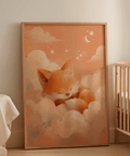 Sleeping Fox Art Print in Orange, Beige tones for restful baby room decor