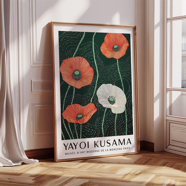 Extra Large Floral Wall Art with bold red poppies on green background.