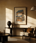 Japanese Coffee Shop Art, orange trim and blue roof for home office