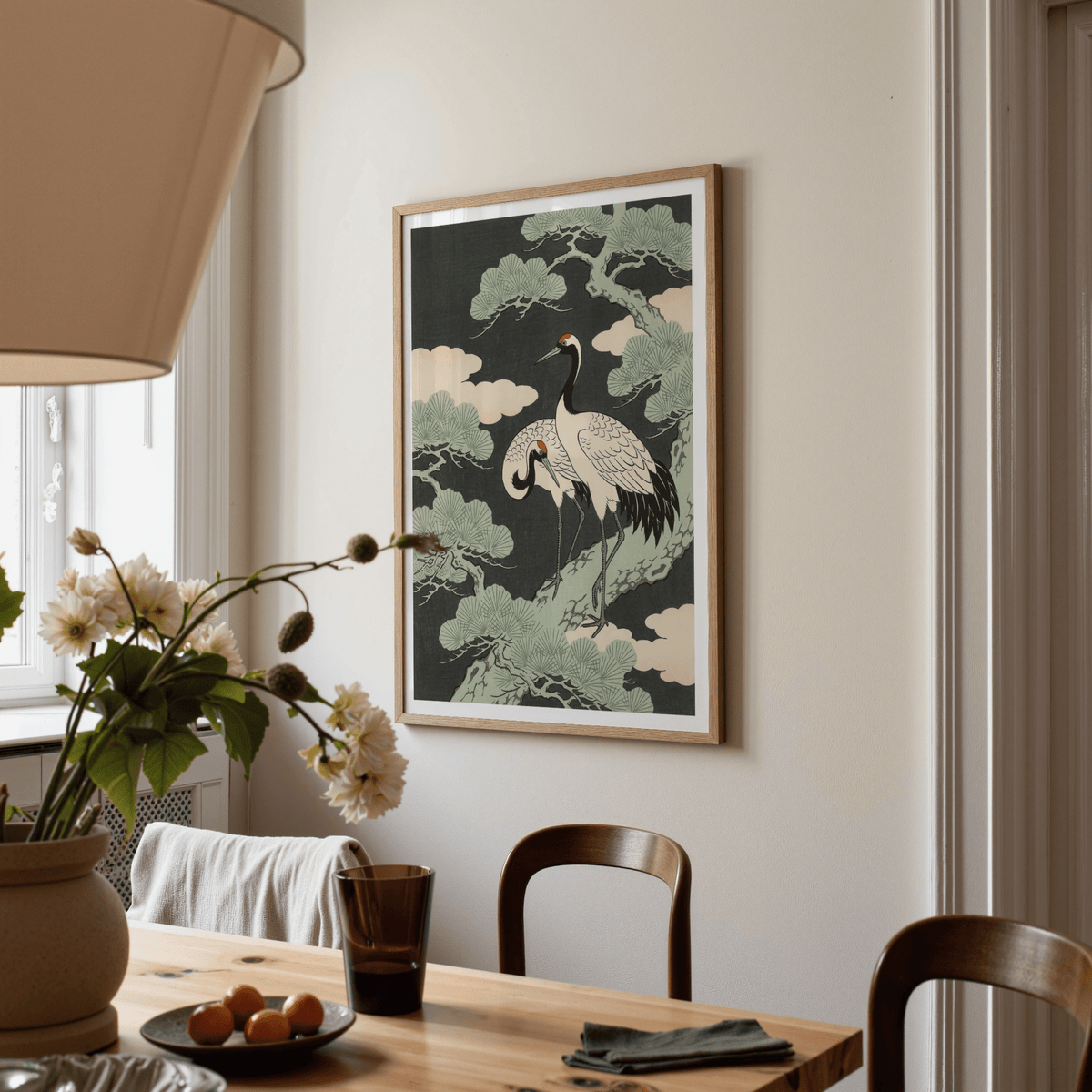  Japanese Crane Art Print displaying green pine branches for living room display