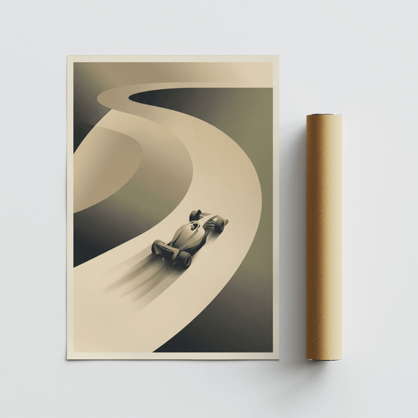 Vintage-style Racing Car Art Print with simplified formula car and strong negative space