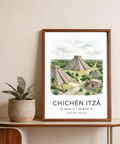 Typography Chichen Itza Art Print with coordinates text below watercolor pyramid scene