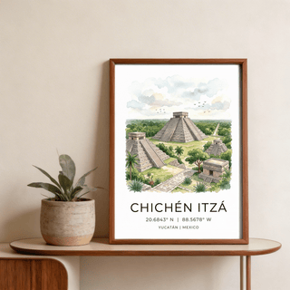 Typography Chichen Itza Art Print with coordinates text below watercolor pyramid scene
