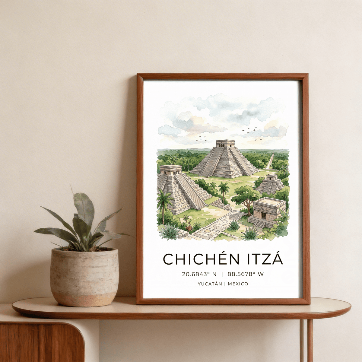 Typography Chichen Itza Art Print with coordinates text below watercolor pyramid scene