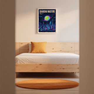 Neon cityscape wall art poster with orbiting tennis ball and tall skyscraper silhouettes
