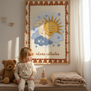 Dreamy Sky Wall Art closeup showing dotted star border and soft clouds
