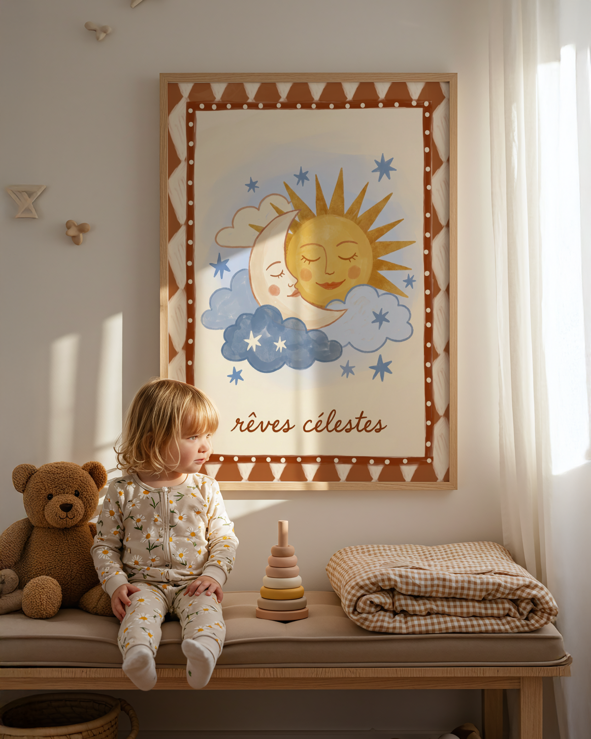 Dreamy Sky Wall Art closeup showing dotted star border and soft clouds