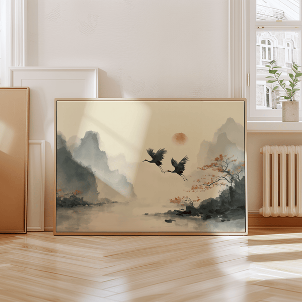 Traditional Ink Wall Art print with Gray mountains and White sky for study