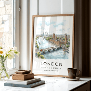 Panoramic London Cityscape Print with London Eye and boats on the Thames