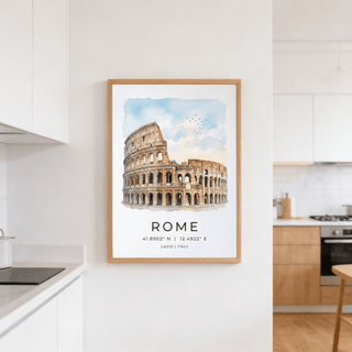Soft watercolor Italy travel wall art featuring the Colosseum and birds