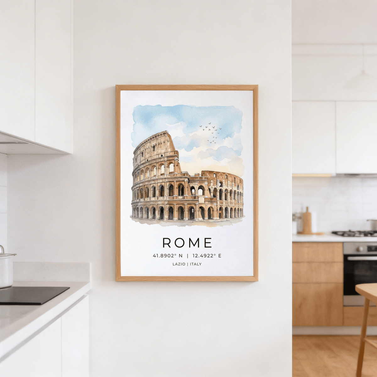 Soft watercolor Italy travel wall art featuring the Colosseum and birds