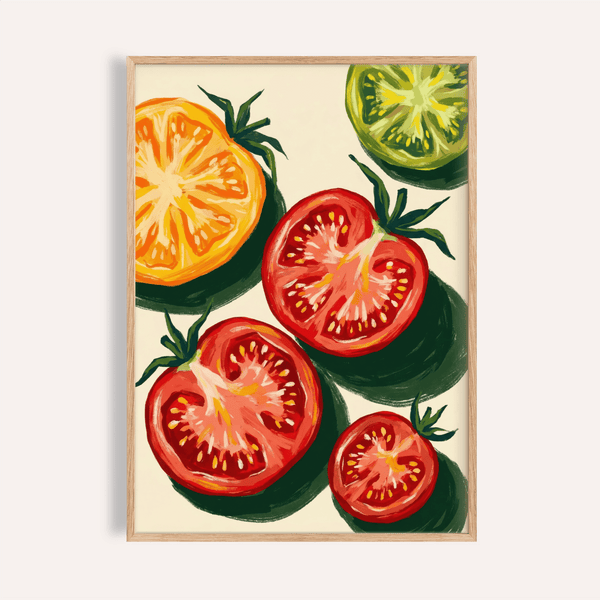 Italian Tomatoes Print with red, orange, and green colors, ideal for kitchen art print