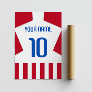 Personalised Atletico Madrid Football Shirt Poster featuring red white blue stripes and number 10