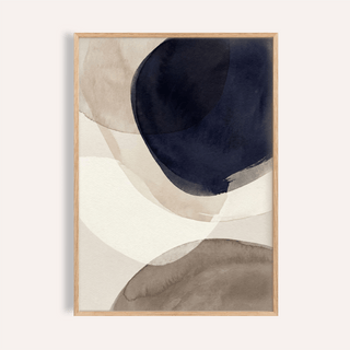 Framed abstract watercolor print with overlapping blue and grey shapes