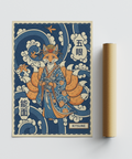 Vintage-style illustration poster print featuring a fox spirit figure with layered patterned textures