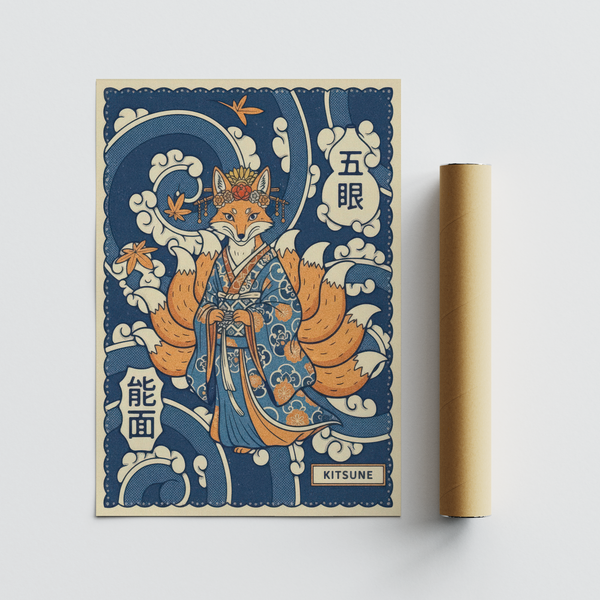 Vintage-style illustration poster print featuring a fox spirit figure with layered patterned textures