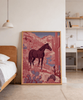 Linework desert horse illustration with winding river and cacti