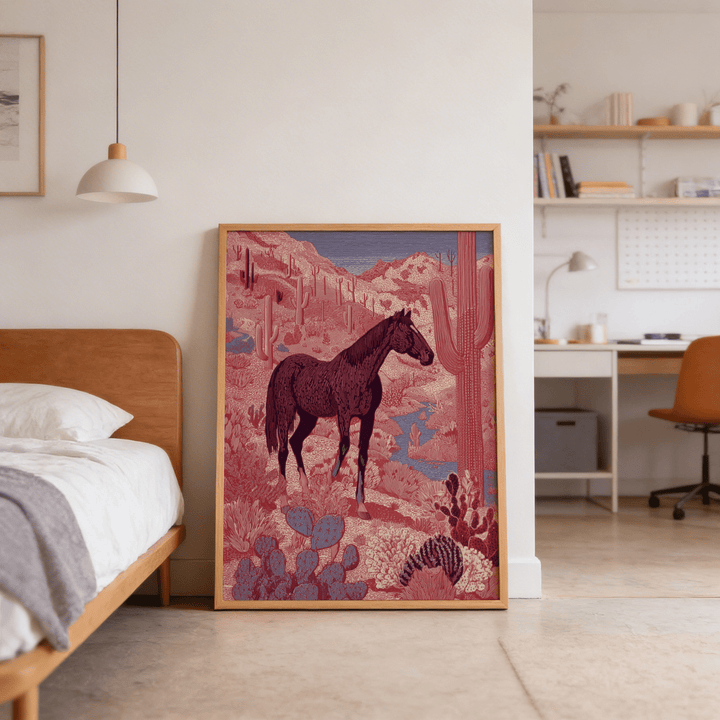 Western horse wall art leaning on floor showing a black horse in pink and red desert beside a bed