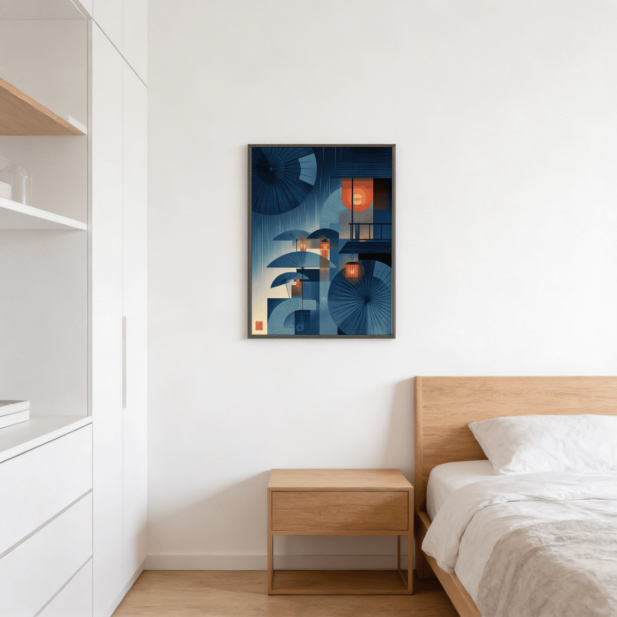 Minimalist Japanese Umbrella Wall Art poster with layered umbrella silhouettes
