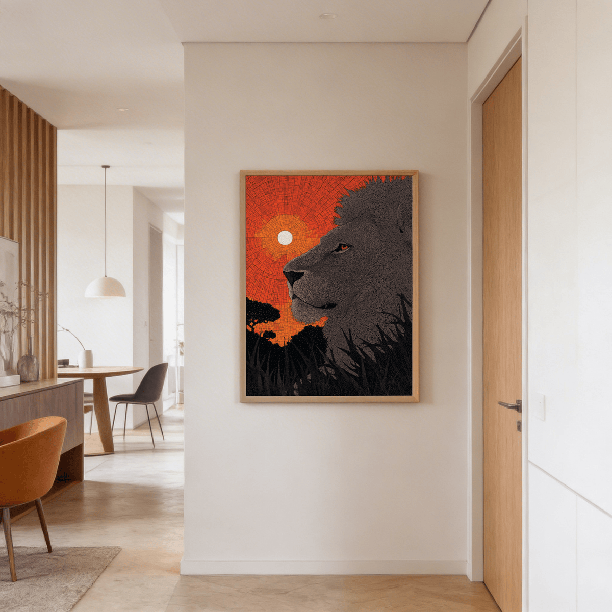 African Landscape Wall Art angled view highlighting geometric sun disk
