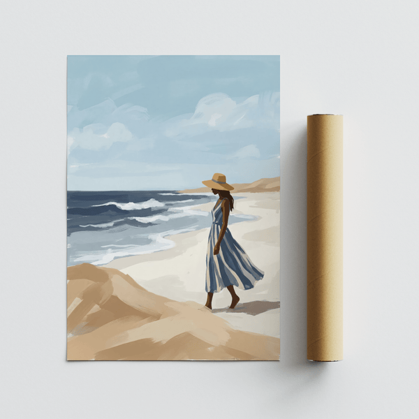 Serene Beach Woman Art Print with Beige tones for modern hallway decor