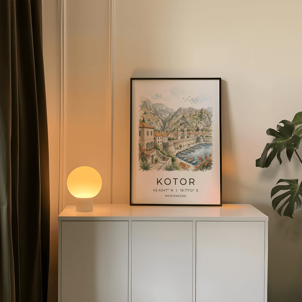 Watercolor cityscape highlighting Kotor marina, clustered rooftops, and ancient ramparts at twilight