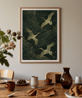Modern cranes poster print with repeating dot field and clean silhouettes, Green and Gold Wall Art