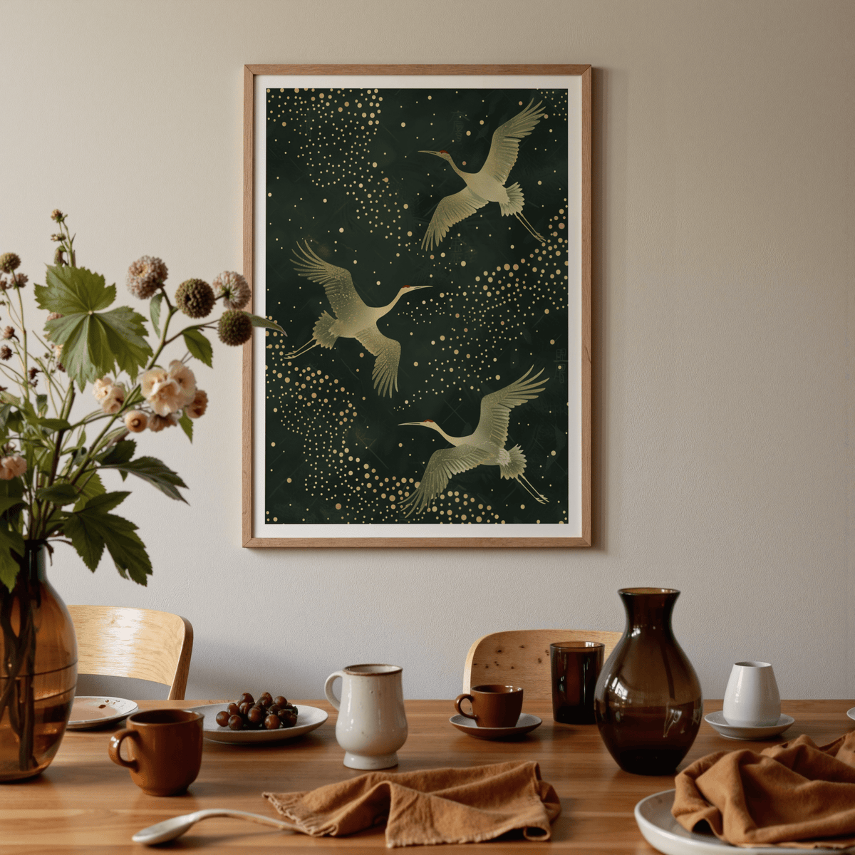 Modern cranes poster print with repeating dot field and clean silhouettes, Green and Gold Wall Art