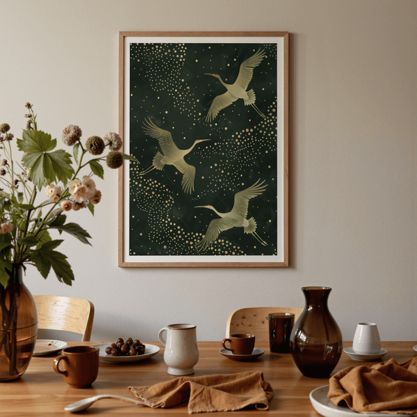 Modern cranes poster print with repeating dot field and clean silhouettes, Green and Gold Wall Art