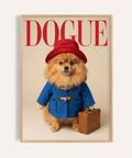 Paddingtron Bear Pomeranian wall art for living room, featuring red, blue, beige, and brown