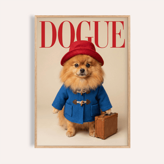 Paddingtron Bear Pomeranian wall art for living room, featuring red, blue, beige, and brown
