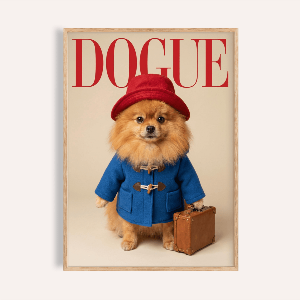 Paddingtron Bear Pomeranian wall art for living room, featuring red, blue, beige, and brown