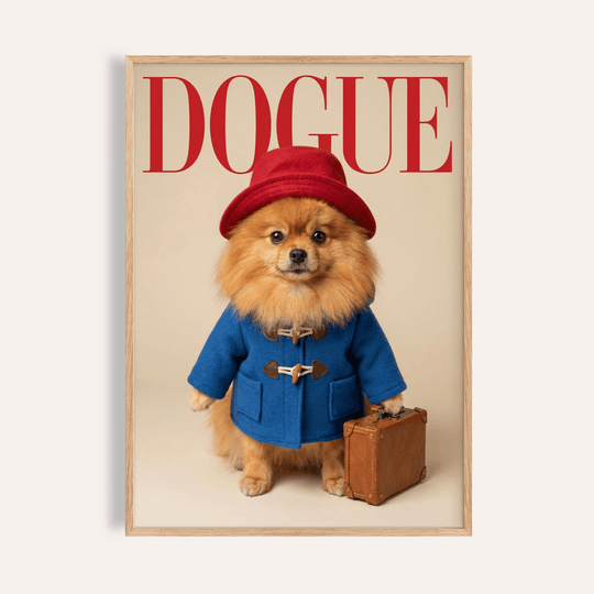 Paddingtron Bear Pomeranian wall art for living room, featuring red, blue, beige, and brown