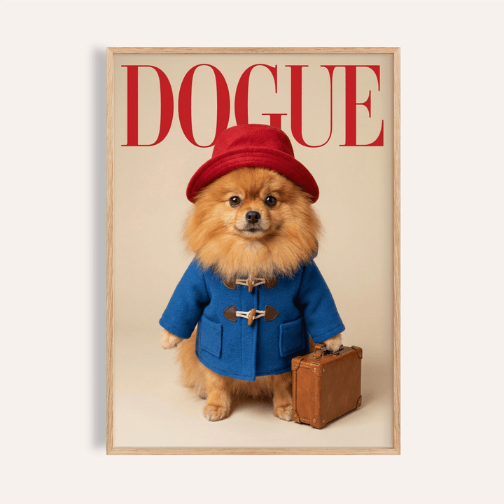Paddingtron Bear Pomeranian wall art for living room, featuring red, blue, beige, and brown