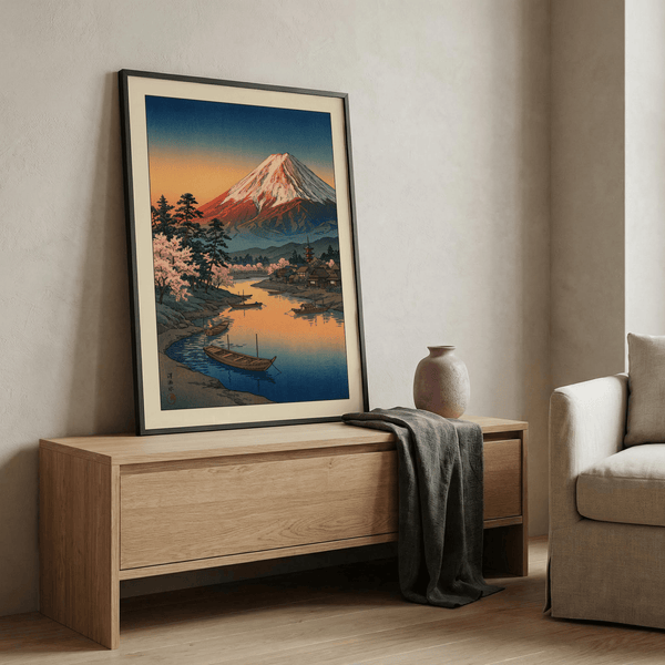 Boats resting on reflective lake beneath iconic mountain