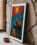 Backwater scene wall art print with a houseboat, water reflections, and clustered palms