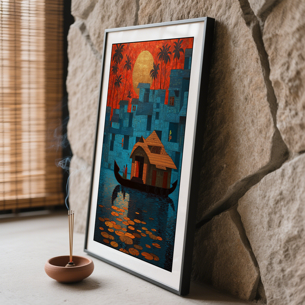 Backwater scene wall art print with a houseboat, water reflections, and clustered palms