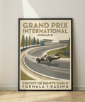 Formula 1 Racing Print poster of Monaco Circuit de Monte Carlo with classic single-seater car on curved track