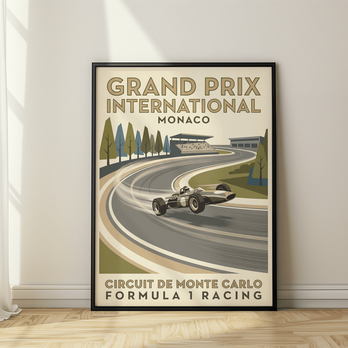 Formula 1 Racing Print poster of Monaco Circuit de Monte Carlo with classic single-seater car on curved track