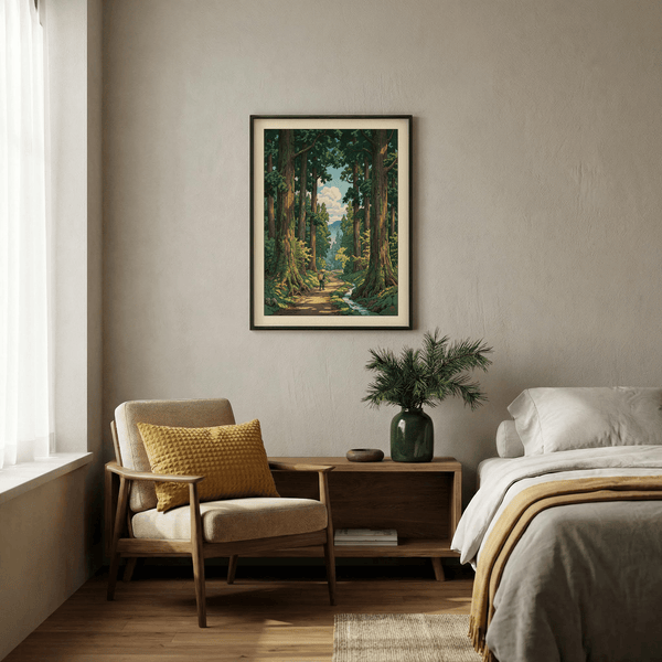 Classic Forest Path Wall Art print with towering evergreens, central trail composition, and a small traveler