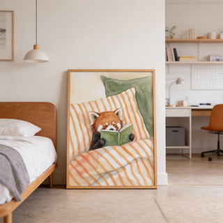 Soft watercolor poster print of a red panda reading in bed with layered brush texture