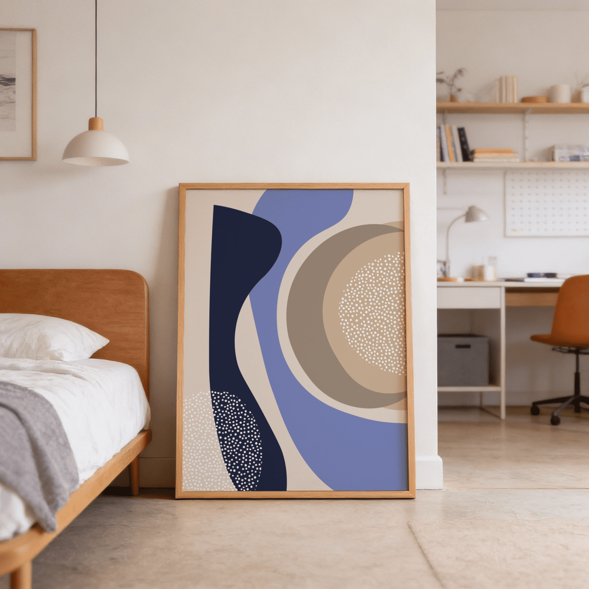 Curved abstract poster print with dotted textures and layered circular forms