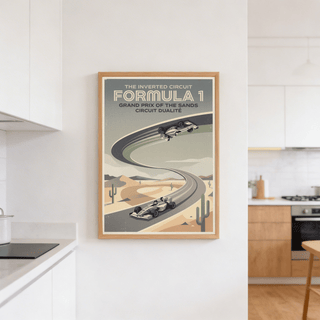 Graphic racing poster print featuring two Formula-style cars, a sweeping circuit curve, and desert landscape shapes