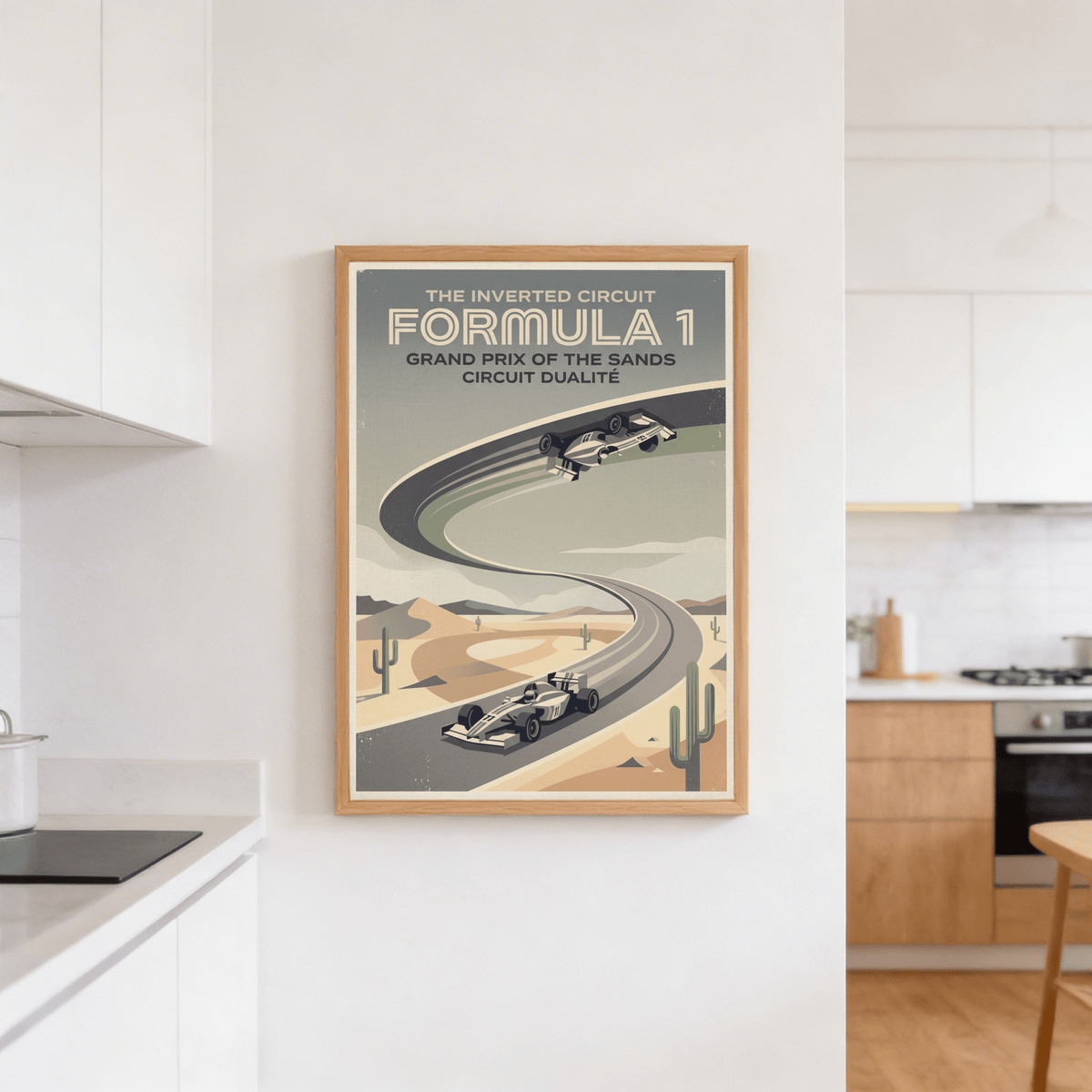 Graphic racing poster print featuring two Formula-style cars, a sweeping circuit curve, and desert landscape shapes
