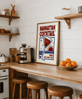 Bold Manhattan Cocktail Art Print in red and blue for dining room poster