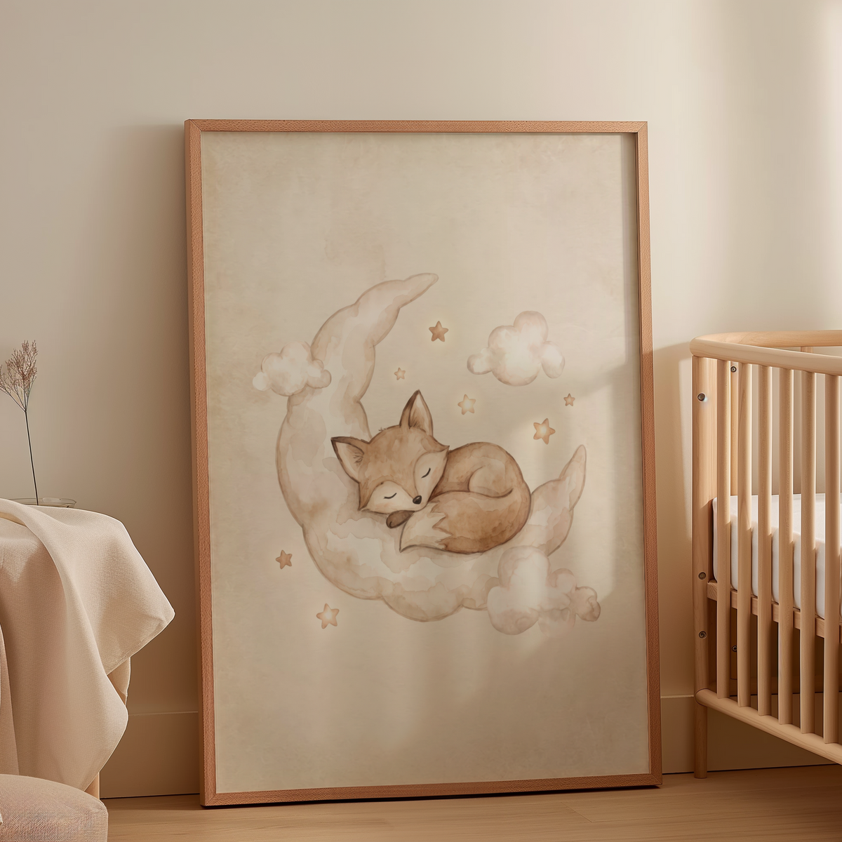 Dreamy Animal Art Print featuring a sleepy fox on a moon with clouds and star accents