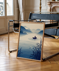 Minimalist mountain mist poster print showing a lone rowboat on calm water