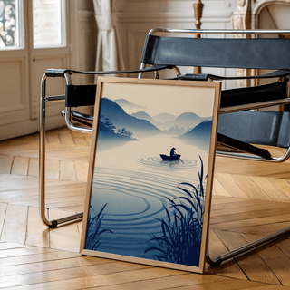Minimalist mountain mist poster print showing a lone rowboat on calm water