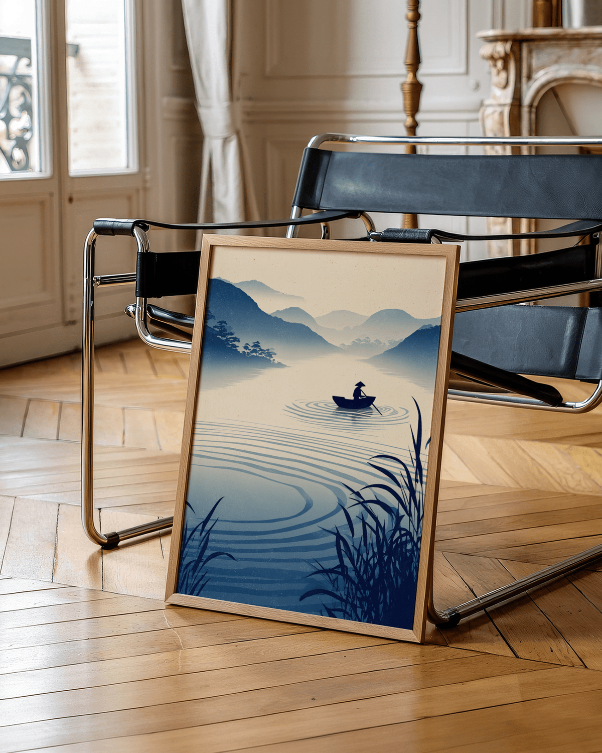 Minimalist mountain mist poster print showing a lone rowboat on calm water