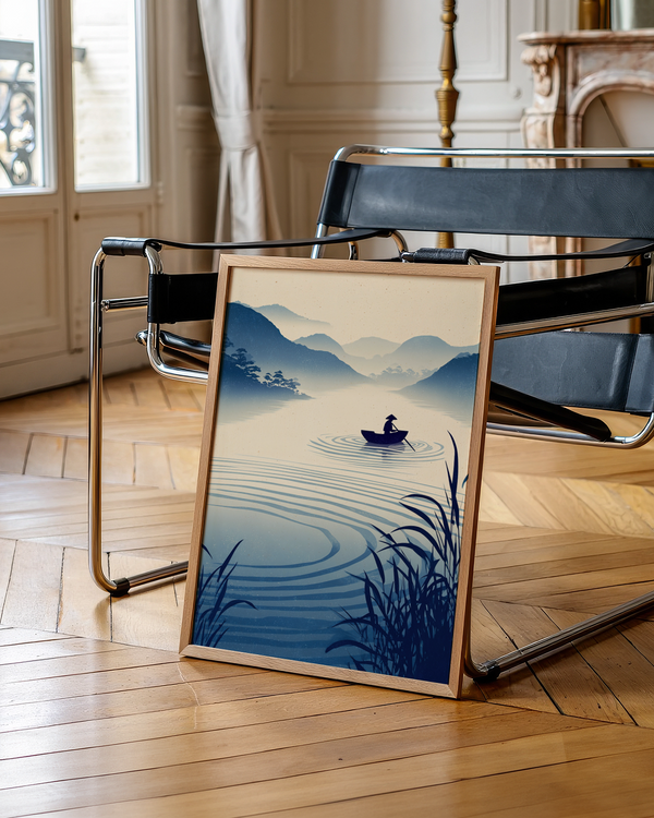 Minimalist mountain mist poster print showing a lone rowboat on calm water